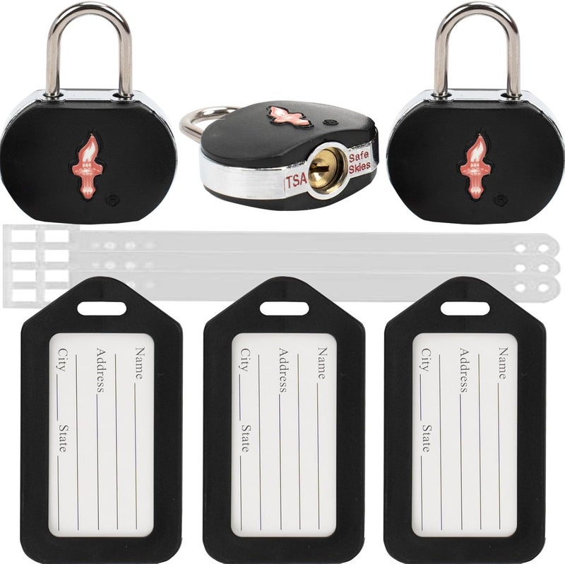 dwoyow TSA Approved Luggage Locks 3 Pack with Luggage Tags | 6 Keys, Black Travel Lock Bundle - Solid Brass Core & Rubber Armor Padlocks for Suitcases, Backpacks (TSA Certified) - Image 1